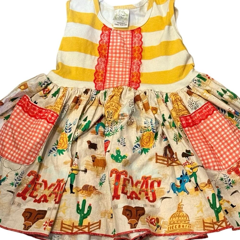 Olive Mae Handmade Texas Tunic Dress Girls 3T Yellow Stripe Gingham Pockets USA